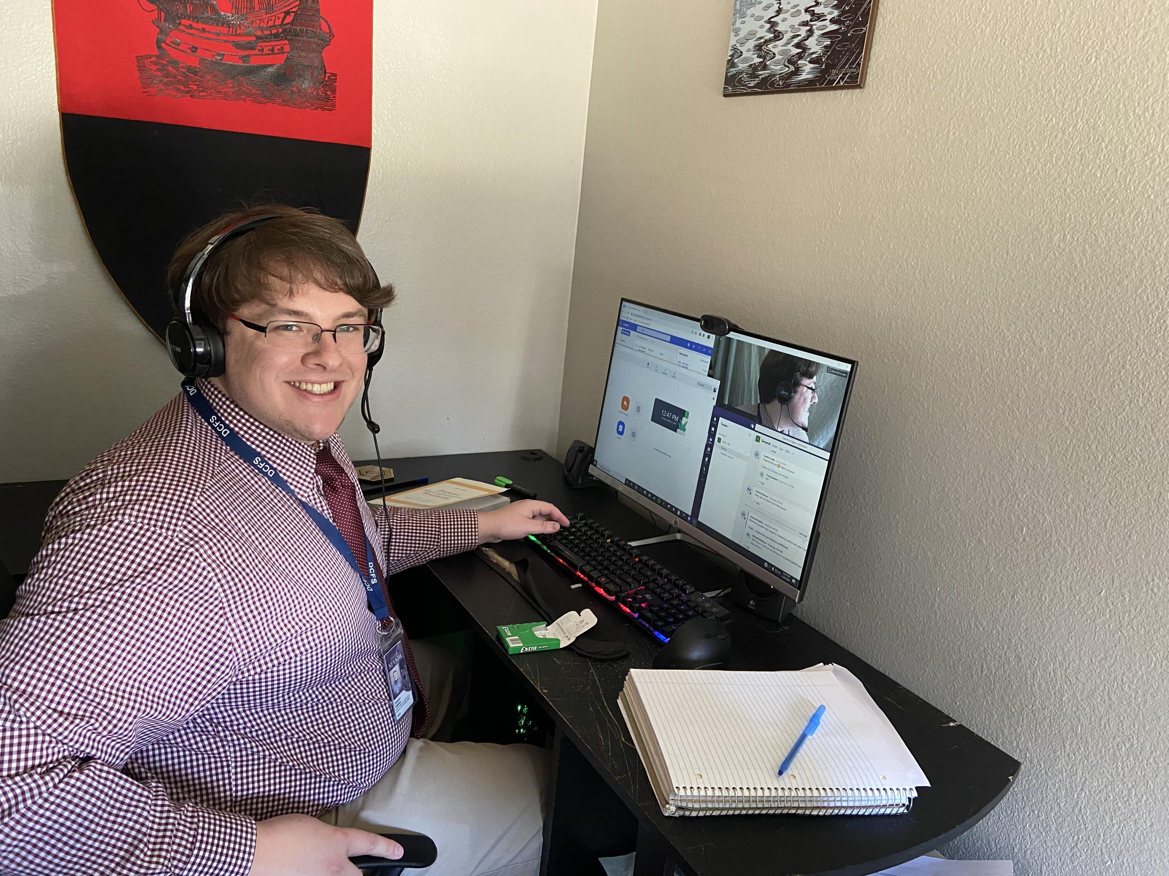 AFSCME Local 4041 member Cameron Hopkins teleworking from home