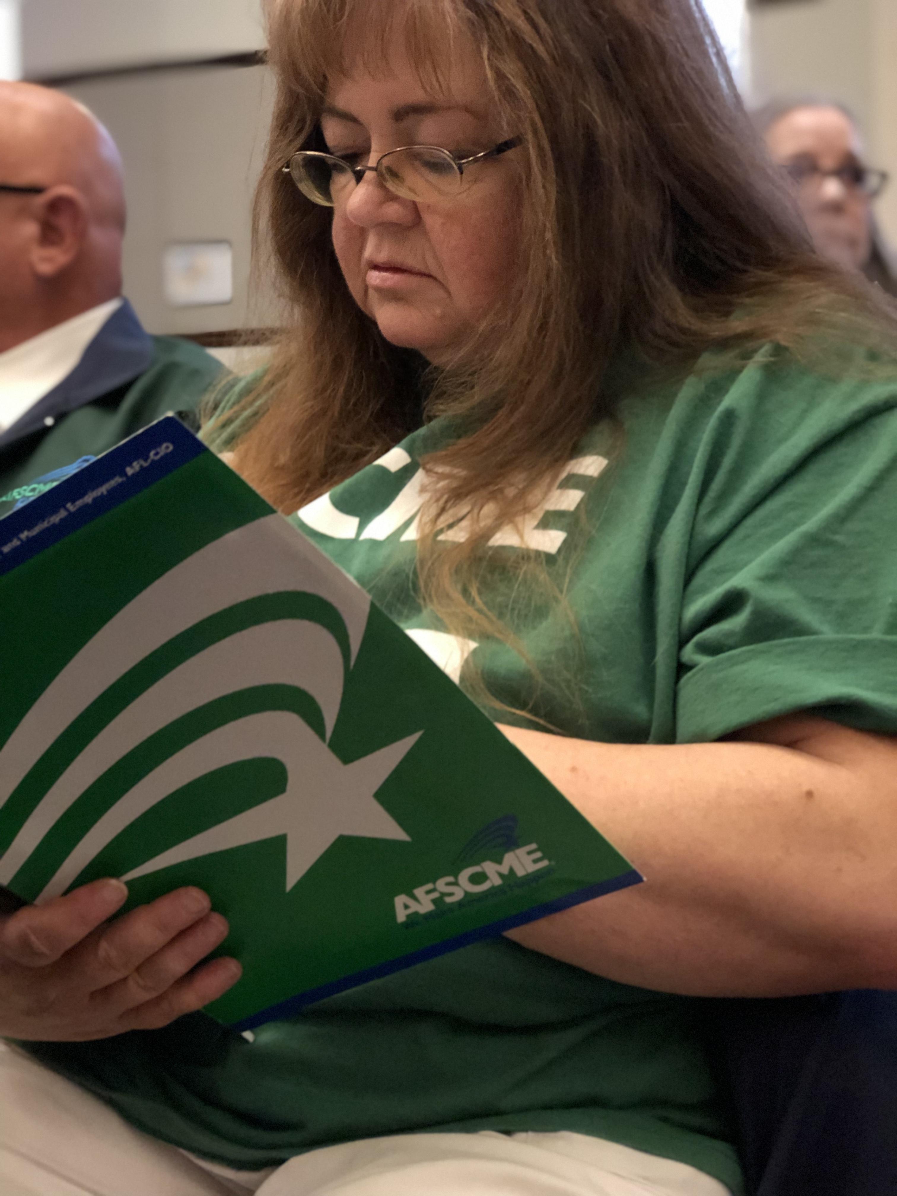 AFSCME Local 4041 member Deborah Hinds at a hearing in support of collective bargaining rights SB135