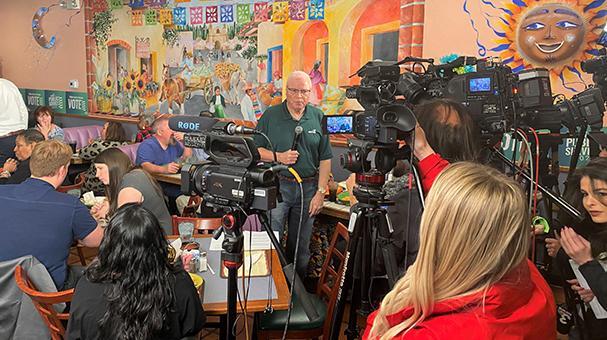AFSCME President Lee Saunders speaks to the media before AFSCME's Nevada caucus event. 