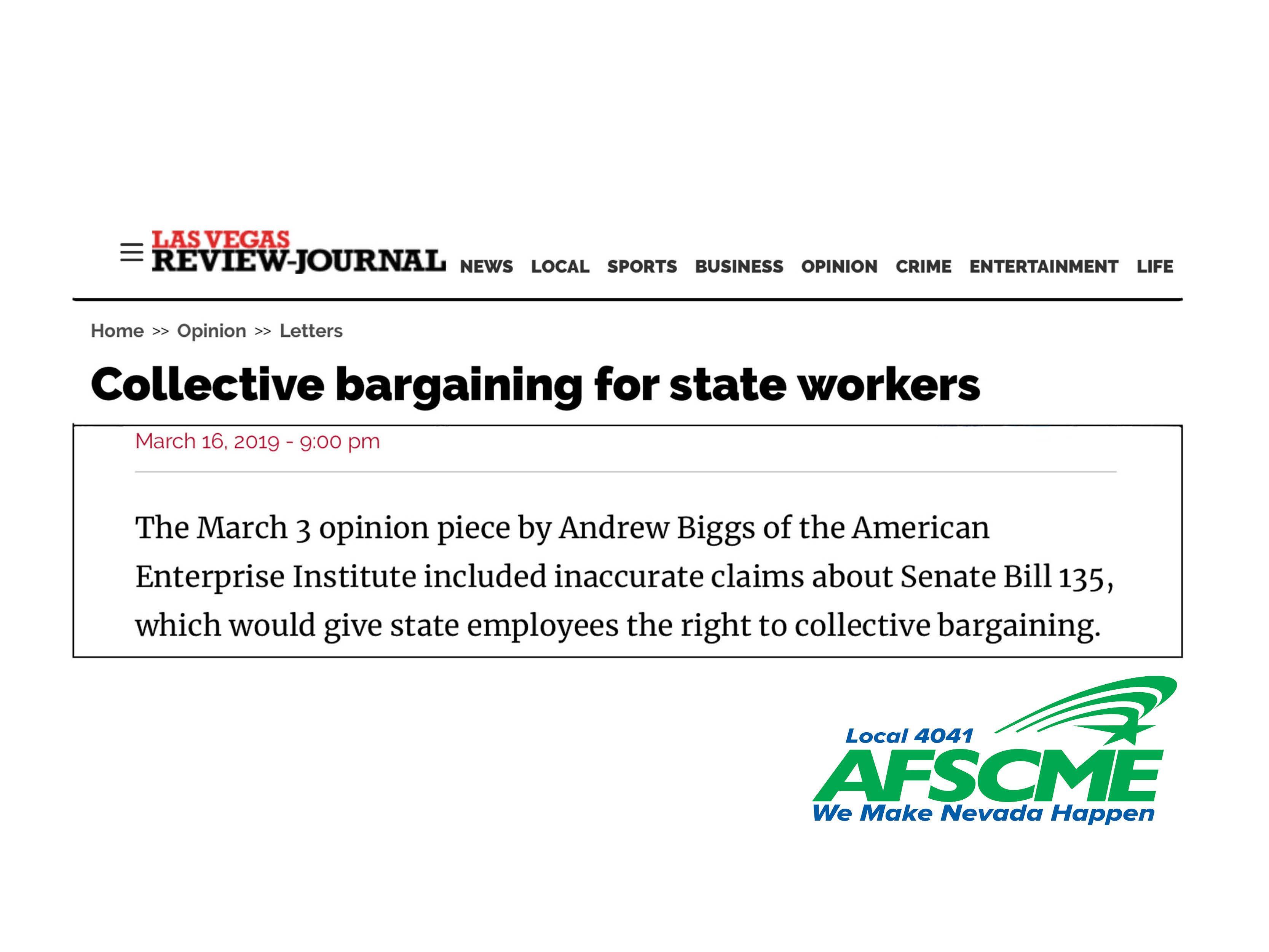 Las Vegas Review Journal Letter to the Editor Collective Bargaining AFSCME Nevada Local 4041